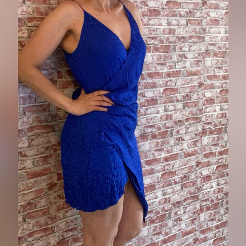 Royal Blue High Low Lined Rouched Animal Print Dress - NWT